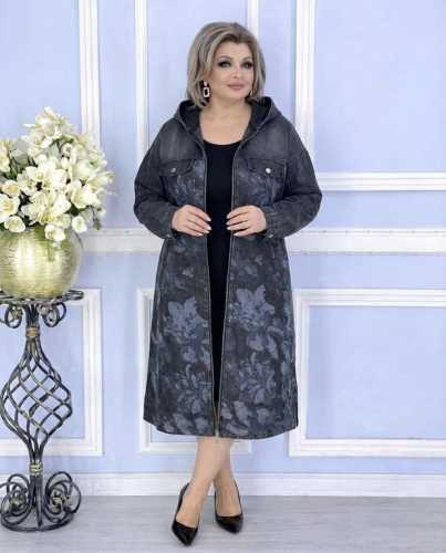 ДЖинсовый кардиган "Цветы" (черный) (Китай, разные фабрики) — размеры 3XL, 4XL